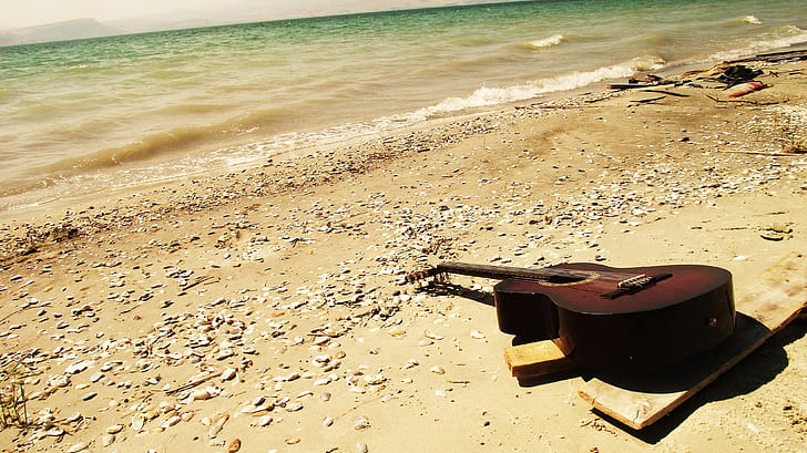 Guitar,  sea,  beach, Music, sand, land, water, nature, no people, HD wallpaper
